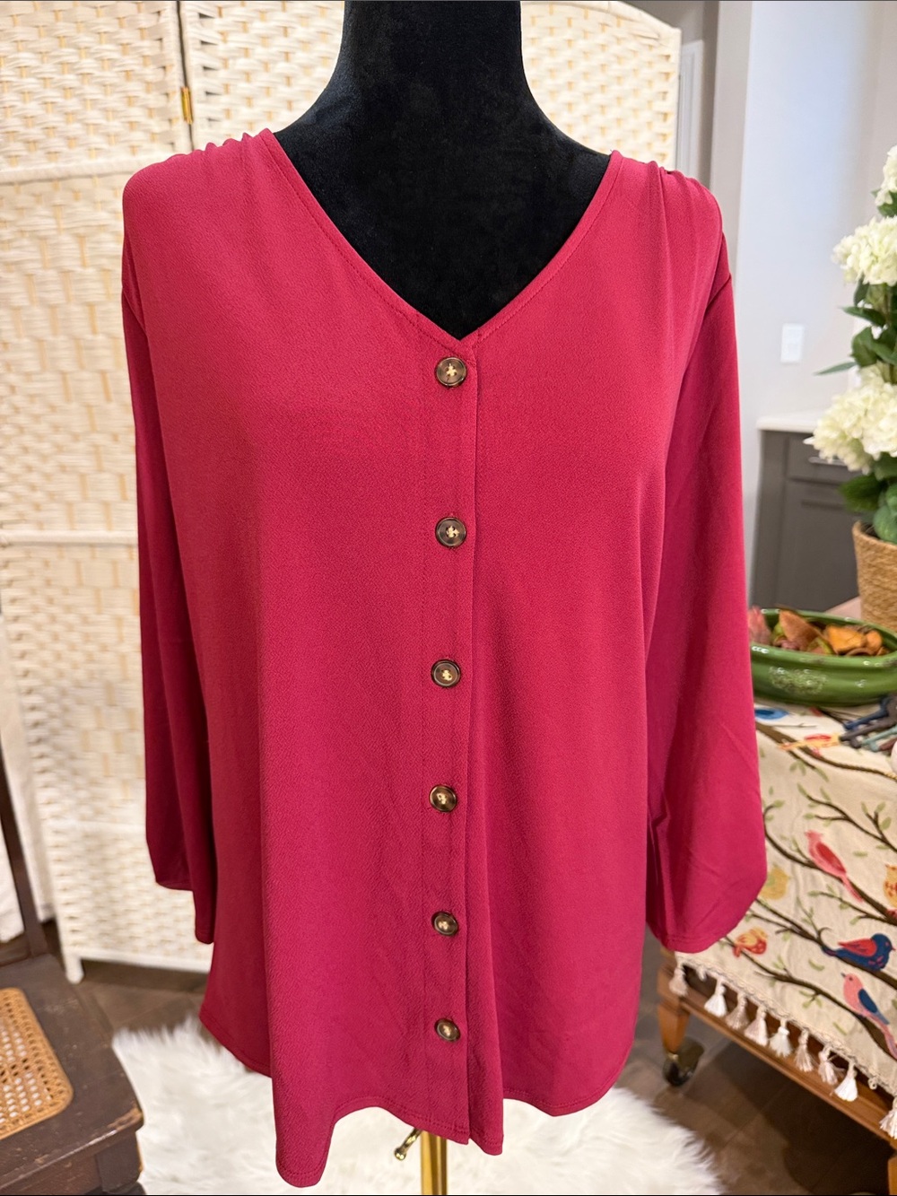 Women's V-Neck Button-Front Blouse in Burgundy
